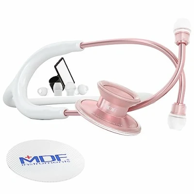 Image of MDF Acoustica Lightweight Stethoscope, Dual Head, White Tube, RoseGold Chestpiece Headset, MDF747XPRG29