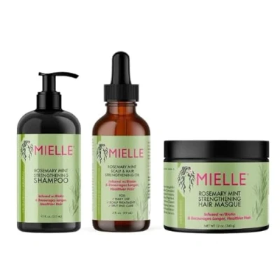 Image of MM Rosemary Mint Strengthening Hair Care Set Shampoo 355ml, Masque 340g, Scalp &amp; Oil 59ml Promotes Growth, Nourishes Strengthens, Infused with Biotin Essential Oils