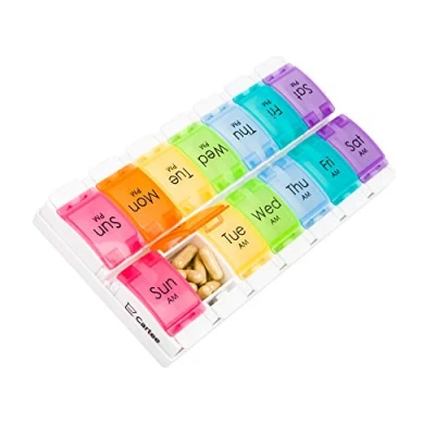 Image of Cartee Weekly Pill Organiser Easy to Open 2 Times a Day Travel Tablet Medication Box with Push Button Pop Design for Vitamins &amp; Supplements (Double Row Tray)