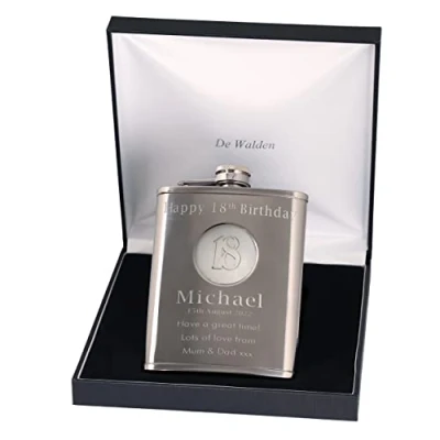 Image of 18th Birthday Engraved Hip Flask with Silver &#039;18&#039; Feature in Gift Box