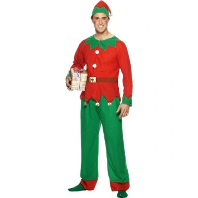 Image of Smiffys Elf Costume, Red &amp; Green with Top, Trousers Hat, Christmas Adult Fancy Dress, Dress Up Costumes