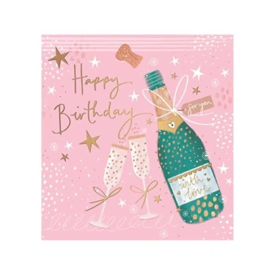 Image of Words &#039;n&#039; Wishes Artistic Open Female &#039;Happy Birthday&#039; Greeting Card Pretty Champagne Bottle &amp; Glasses Illustration With A Gold Foil Finish For Her