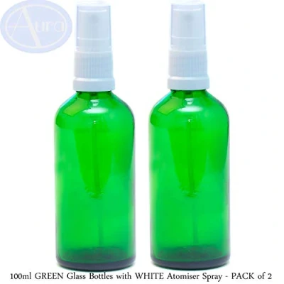 Image of Aura 100ml GREEN Glass Bottles with White ATOMISER Sprays PACK of 2