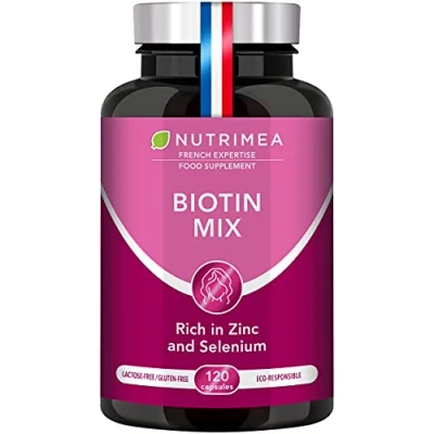 Image of Biotin Hair &amp; Nail Growth Supplement Enriched with Zinc Selenium Contributes to Skin Care 120 Vegan Capsules French Expertise