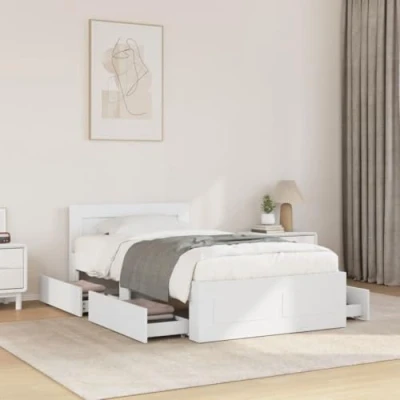 Image of vidaXL White Single Bed Frame with Headboard &amp; Drawers Engineered Wood, 100x200 cm, Modern Style