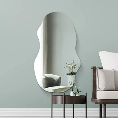 Image of MirrorOutlet The Lacuna Frameless Modern Full Length Arched Leaner/Wall Mirror 47&quot; X 21&quot; (120CM 54CM) Silver Glass with Black wooden Backing Polished Edging