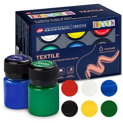 Image of Decola Fabric Paints Permanent for Clothes 6x20 ml Waterproof &amp; Textile Inc. Red, Blue, Green, Black, White, Yellow Made by Nevskaya Palitra