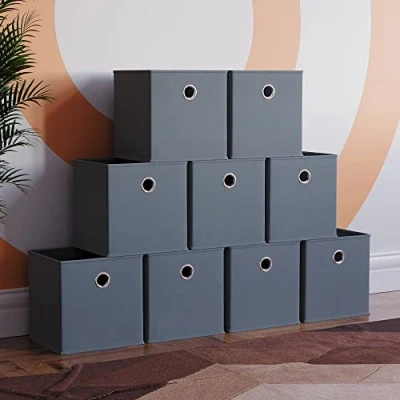 Image of Vida Designs Durham Foldable Storage Cube Baskets Fabric Box With Metal Easy Access Handle Home Organiser (9 Pack, Grey)