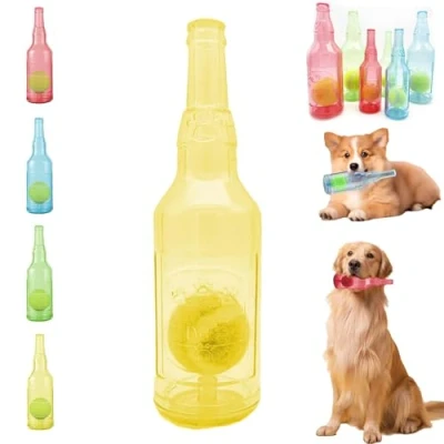 Image of Crunch Play bottle toy, Crunchnplay Toy for Dogs, 9.7&quot;/7.7&quot; Rubber water Dog Interesting Squeaky Toys, Outdoor Interactive Chew with Tennis Ball (Yellow,Small)