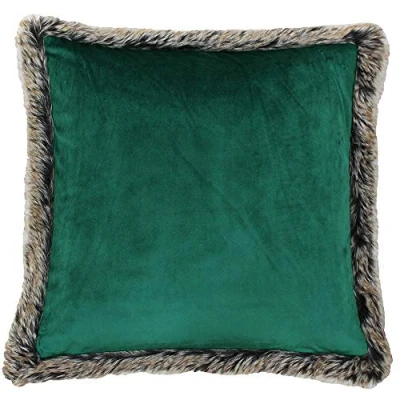 Image of Riva Paoletti Kiruna Square Feather Filled Cushion Emerald Green Velvet Look and Feel Faux Fur Edging Reversible Hidden Zip Closure 100% Polyester Case 45 x 45cm (18&quot; 18&quot; inches)