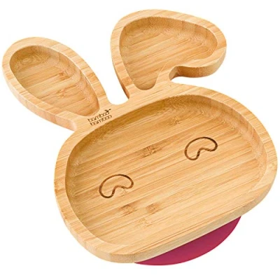 Image of Bamboo Baby Plate and Toddler Plate, Suction for Feeding Weaning, Bunny with Secure Suction, Plates Babies from 6 Months (Bunny, Cherry)