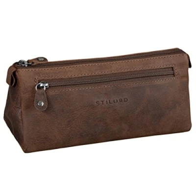 Image of STILORD &#039;Alexis&#039; Leather Pencil Pouch Vintage Pen Case Holder with Zipper for Women Men School Office in Genuine Leather, Colour:Missouri Brown