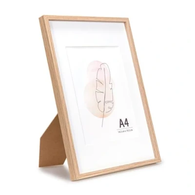 Image of KAIWIN A4 Picture Frame Oak, Wooden Poster suitable for 6x8 with mat, 21X29.7 cm Frames Tabletop and Wall Mounting Display Home, Office,Gallery,Holiday