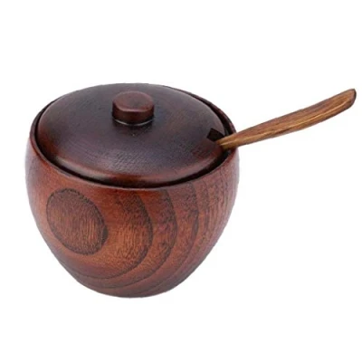 Image of AMOYER 1Pc Solid Wood Spice Jar Seasoning Pot Sugar Bowl With Spoon Storage Jars Wooden Kitchen Utensils