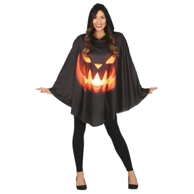 Image of FIESTAS GUIRCA Black Poncho with Horror Pumpkin Print Fancy Dress Costume Adult Woman Size FALSE One
