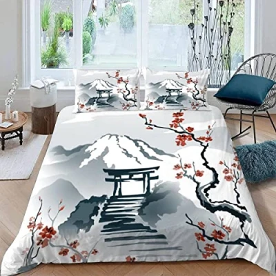 Image of Japanese Style Bedding Sets Double Size Soft Microfiber Personalised Ink Art 3D Bed 3 Pieces Small Duvet Cover with Zipper Quilt Anti Allergic