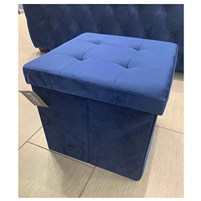 Image of HOME LIVING Luxurious Foldable Brushed Velvet Square Storage Box Seat Ottoman (Navy Blue)