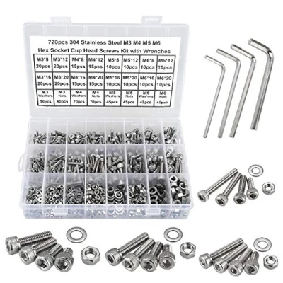 Image of FandWay 720Pcs 304 Stainless Steel M3 M4 M5 M6 Hex Socket Head Cap Screws,Hex Machine Screws, Bolts,Nuts and Washers Assortment Set Kit with 4 Wrenches