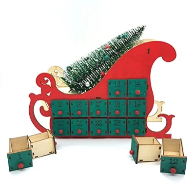Image of Christmas Sleigh Tree Wooden Advent Calendar Countdown Xmas Party Decor 24 Drawers with LED Light Ornament
