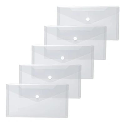 Image of HERMA 20032 Document Wallets DIN Long Transparent White Pack of 5 Small Pockets Envelopes with Press Stud Fastener, Plastic for School, University, Office, Travel