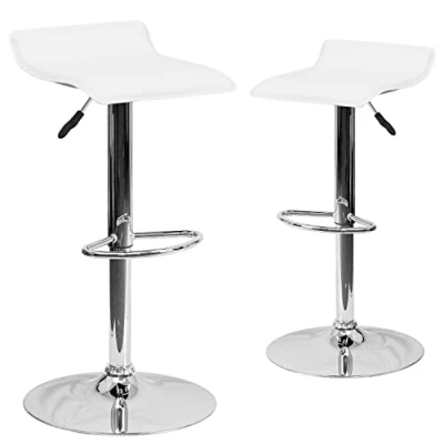 Image of Flash Furniture Athens 2 Pack Contemporary White Vinyl Adjustable Height Barstool with Solid Wave Seat and Chrome Base