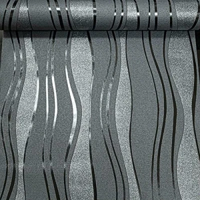 Image of SOPHIE LAURENCE Modern Vinyl Wave Stripe Charcoal Grey Black Glitter Textured Paste The Wall Wallpaper (Charcoal Black)