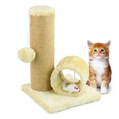 Image of KCT Beige Kitten Scratching Scratch Post Activity Play Tunnel Cat Sisal Tree Toy