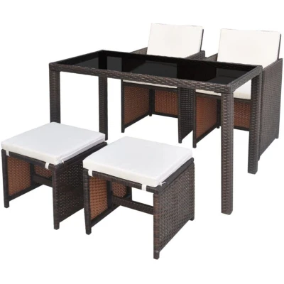 Image of vidaXL 5 Piece Outdoor Dining Set with Cushions Poly Rattan Brown