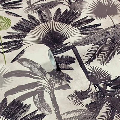 Image of furn. Malaysian Palm Printed Wallpaper, Blush/Charcoal