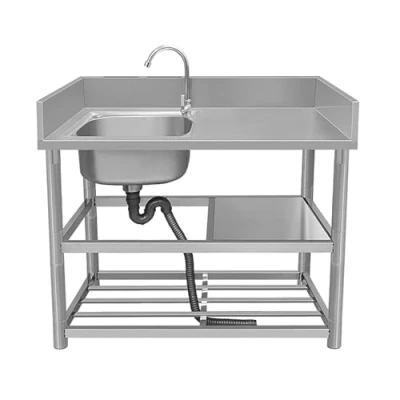 Image of Stainless Steel Kitchen Sink Commercial Single Bowl 304 Sinks with Faucet and Storage Shelves Workbench Drainer Unit for Outdoor Indoor Restaurant (Co