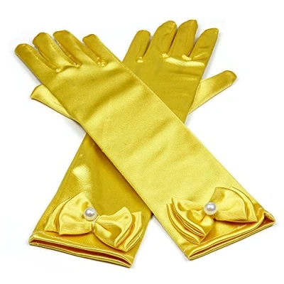 Image of RUNHENG Kids Stretchy Satin Long Finger Dress Bowknot Gloves, 29cm (Golden Yellow)