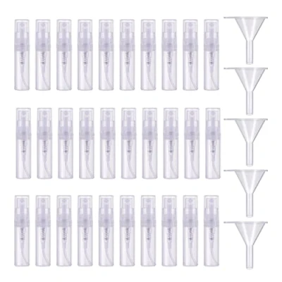 Image of Sample Bottles, 30 Pcs Mini Atomizer Spray Empty Bottle Clear Small Portable Perfume Mist Pots for Travel Liquid and Makeup with 5 Tiny Funnels(2 ml)