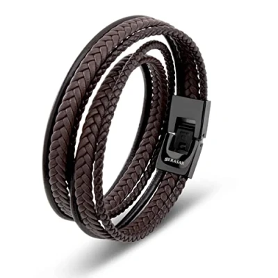 Image of SERASAR Bracelets for Men 40cm Brown Gift Box Genuine Leather Cowhide Braided Adjust Able Clever Clasp Multi Layer Jewellery Rope Man Mans Male Mens Band Jewelry Accessories