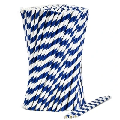 Image of Disposable Drinking Straws Blue White Striped Paper Pack of 1000 7.75&quot; 0.25&quot; Diameter 100% Biodegradable