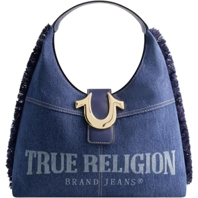 Image of True Religion Women&#039;s Shoulder Bag Purse, Frayed Denim Medium Hobo Handbag with Horseshoe Logo