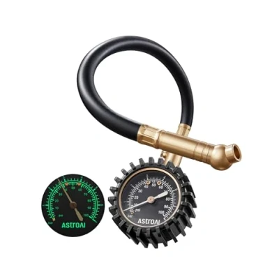 Image of AstroAI Heavy Duty Tyre Pressure Gauge, 100 PSI Certified ANSI B40.1 Accurate with Large 2&quot; Easy Read Glow Dial, Durable Rubber Hose and Solid Brass Construction for Car Truck Motorcycle