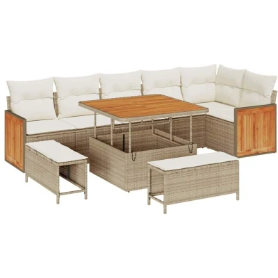 Image of 9 Piece Garden Sofa Set with Cushions Beige Poly Rattan Acacia Vidaxl
