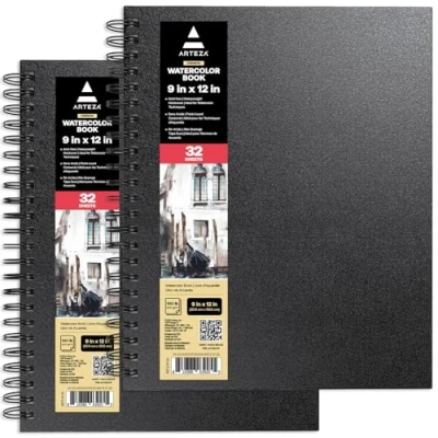 Image of Arteza Premium Watercolour Sketchbook, 22.9x30.5 cm, 2 Pack, 64 Sheets, 300gsm Paper Pad, Black Hardcover Journal, Spiral Bound, Art Supplies for Techniques and Mixed Media