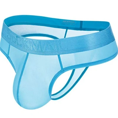 Image of Sexy Mens Briefs Bikini Ice Silk Transparent Men Underwear Gay Thongs Male Lace Panties (XL, Blue)