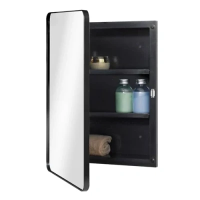 Image of Fundin Plastic Black Bathroom Cabinet, Polished Edgd Mirror Door with Round Cormer Metal Frame, Recessed and Surface, Mount 16 x 22 Inch (40.6 55.9 cm) Size