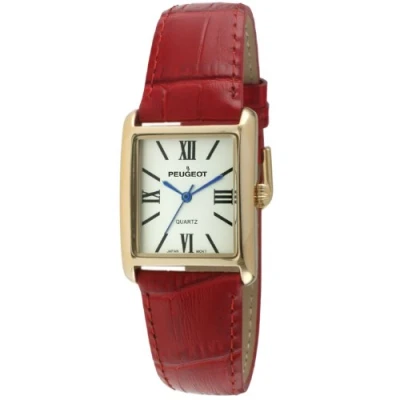 Image of Peugeot PP Women&#039;s 14K Gold Plated Tank Leather Dress Watch with Roman Numerals Dial, Red, Women