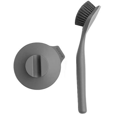 Image of Brabantia 117589 Dish Brush with Suction Cup Holder, Dark Grey, 11 x 23.5 6 cm
