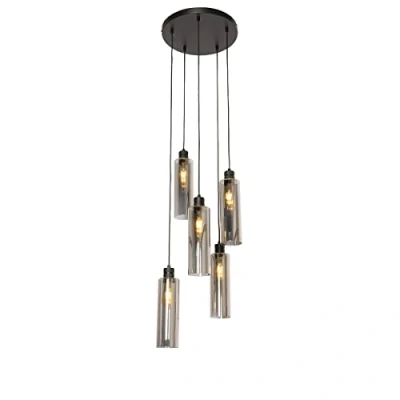 Image of Qazqa Modern Dining Room I Table Pendant Lamp Light Ceiling Black with Smoke Glass 5 Lights Stavelot Suitable for LED E27