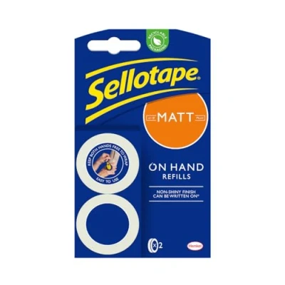 Image of Sellotape On Hand Refills, Extra Strong Adhesive Tape, Invisible Matt Tape Refills for Arts &amp; Crafts and Hands Free Wrapping, Repositionable the Dispenser, 18mm x 15m, Pack of 2