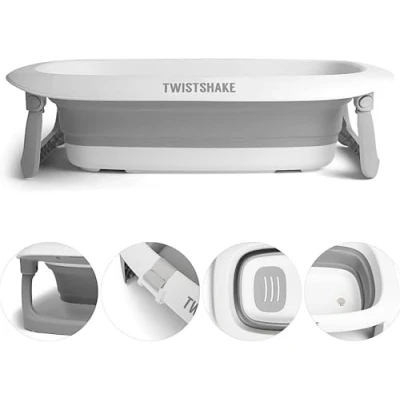 Image of Twistshake Foldable &amp; Non Slip Baby Bath Tub Ergonomic Collapsable and Secure Portable Bathtub for Infants Toddler Shower Suitable 0+ Months Capacity: 30L Grey White