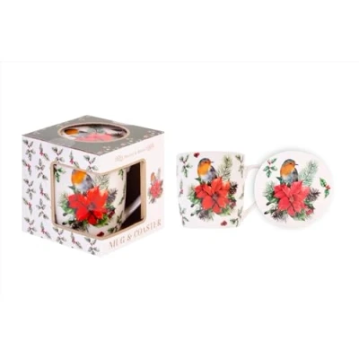 Image of RSW Christmas Robin Poinsettia Mug and Coaster Gift Set Festive Holiday Present New Bone China Tea Coffee Secret Santa Xmas Traditional