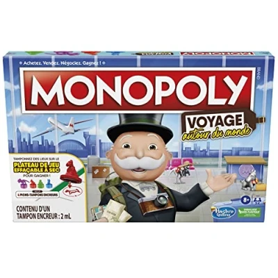 Image of Monopoly Hasbro Gaming Travel Around the World for Family and Children 8 Years Above with Ink Pads Dry Erase Tray