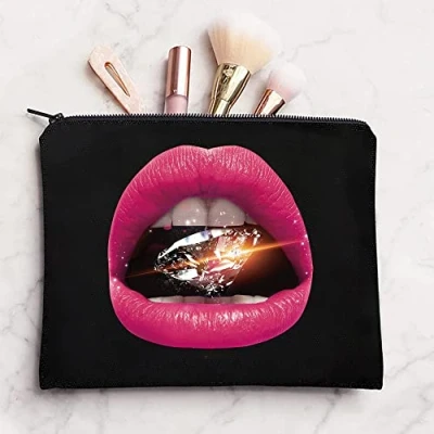 Image of Mouth Printed Zip Canvas Pouch Makeup Bag Make Up Bag, Cosmetic Travel Bag,Toiletry Bag,Organizer Bags,Toiletry Bags, bride Bridesmaid bag,Pencil bag,Wash Bag,Coin Purse (Lip Diamond)