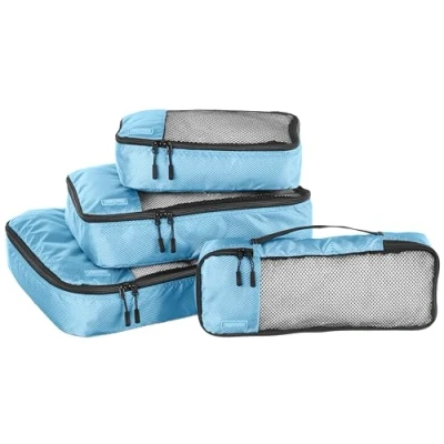 Image of Amazon Basics Packing Cubes for Suitcases, Travel Organisers, Zipper, 4 Piece Set Bags, Large/Medium/Small/Slim, Sky Blue