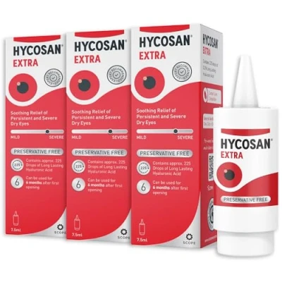 Image of Hycosan Extra Triple Pack Preservative Free Eye Drops Sodium Hyaluronate 0.2% for Treatment of Dry Eyes 3x7.5ml